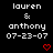Pixelated text displays 'lauren & anthony 07-23-07' with red heart and checkmark symbols on black background, transitioning between heart and checkmark states.