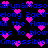 Blue pixelated text on black background with pink heart shapes scattered throughout, repeating phrases and parentheses.