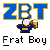 Pixelated graphic with blue 'ZBT' letters outlined in gold above a cartoon character holding a beer mug, and black text reading 'Frat Boy' below.