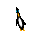 Pixelated penguin figures in various poses scattered across a solid gray background, some standing upright, others tilted or crouched.