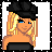 Pixel art contact sheet showing three frames of an animated buddy icon with a blonde character wearing black and white clothing, plus text fragments below each frame.