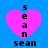 Four identical pixelated pink hearts on a blue background, each with vertical 'sean' text above and horizontal 'sean' below.