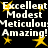 Black background with white text and yellow stars; repeated phrases 'Excellent Modest Meticulous Amazing!' in two , each containing four star symbols