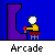 Pixel art animation of a character in yellow shirt and red pants sitting at purple arcade machine, with showing sequential hand movements on controls