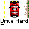 Animated contact sheet showing 11 frames of a pixel art animation featuring red cars and blue trucks on gray roads with yellow dashed lines, each frame labeled "Drive Hard" in white text below.