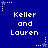 Blue background with white pixelated text reading "Keller and Lauren" repeated in a pattern, surrounded by small star icons with dotted trails