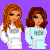 Pixelated cartoon-style image featuring two female characters on a purple background with pink text about sisters by heart, arranged in a contact sheet layout with visible animation frames.