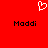 Red background with white pixelated heart symbol above two black text instances of 'Moddi' in a digital font.