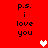Red background with black text reading "p.s. i love you" repeated twice, white heart in center, pink hearts on right side.