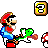 Pixel art contact sheet showing two frames of a Super Mario-themed animated buddy icon with Mario, Yoshi, and question block elements on gray background alongside green "Original Icons .com" text.