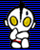 A 40x50 pixel animated buddy icon featuring a white cartoon character with large eyes and red shorts, shown in two frames where the eye color changes from yellow to red against a blue striped background.