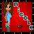 Pixel art of a woman with brown hair in blue top and gray pants against red background, showing two states: heart icon dark red or pink.