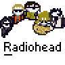A 4x3 contact sheet of pixel art Radiohead buddy icons showing various animated frames with band members in different poses and circular blue borders.