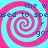 Four identical pink and cyan spiral patterns with blue text fragments overlaid on a light blue background.