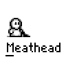 Animated contact sheet of a pixel art character performing various actions with text bubbles, all labeled "Meathead" beneath each frame.