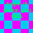 Green pixelated text 'hope it gives you HELL' repeats across a shifting blue and pink checkered background.