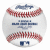 Pixelated circular icon depicting a baseball with red stitching and blue text elements on white leather surface.