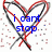 A heart-shaped icon with red and black lines, blue text reading "i cant stop thinking of him so do i... love him?" on a white background with scattered red and gray pixels.