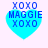 Four identical blue heart-shaped icons with 'XOXO MAGGIE XOXO' text in pixelated font on a white background.