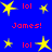 Blue background with yellow stars and red text reading "lol" and "James!" in pixelated font across multiple positions.