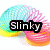 Pixelated Slinky toy with rainbow gradient colors, featuring text and symbols overlaid on its coils.