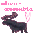 Pixelated moose icon with pink text 'aber-crombie' above, alternating heart symbols in adjacent positions.