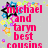 Pixelated text reads 'michael and taryn best cousins' on left and 'forever! :)' on right, surrounded by colorful star and flower shapes on gray background.