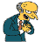 Two side-by-side pixelated frames of a cartoon character with yellow skin, gray hair, and glasses in a teal suit against a solid gray background.