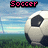 Pixelated soccer ball on grass field with blue sky background, text "Soccer" in different colors across four