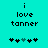 Pixelated text 'i love tanner' on cyan background with five heart symbols below, two hearts animate between frames.