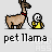 A 4-frame pixel art animation of a yellow stick figure holding a leash attached to a brown llama with a red collar, displayed in a 2x2 contact sheet layout on a gray background.