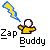 Pixelated graphic shows a yellow figure with a white circular head and purple accents, holding a blue and yellow lightning bolt above text reading 'Zap Buddy' in black and white pixel font.