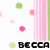 Pixelated icon with scattered pink and green dots, vertical pink stripes on the right, and black text reading BECCA at the bottom.