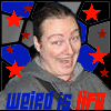 A person in a gray hoodie appears across six with red stars and blue shapes on a black background, text reads 'weird is life' below