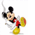 Animated Mickey Mouse icon with red shorts, yellow shoes, and black ears; first frame shows him holding a smoking object while kicking, second frame shows the same pose but with a party hat on his head.