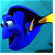 Blue fish with black stripe and yellow tail fin on blue background, next to yellow text reading 'Just Keep Swimming' in pixelated font.