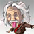 Pixelated cartoon figure with wild white hair, open mouth showing pink tongue, brown jacket, red scarf, and outstretched arms against light gray background.