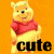 A cartoon bear in a red shirt stands against an orange background with the word 'cute' below it, shown in multiple variations with different text colors.