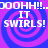 Pixelated text and spiral patterns in blue and purple hues, with repeated phrases and mirrored text elements.