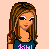 Pixel art of a female character with long brown hair, wearing a dark blue tank top and jeans, standing against a light pink background.
