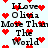 Pixelated text repeats 'I Love Olivia More Than The World' with scattered red hearts on a light background, no visible animation changes.