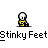 Animated contact sheet of a pixel art character with yellow body and white head performing actions across 11 frames, including green odor effects and text bubbles.