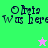 Pixelated text 'Omis Was here' on green and purple backgrounds with a pink star in the top-right and a green star in the bottom-left