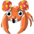 A 7-frame animated contact sheet of a cartoon crab character with orange body, large blue eyes, and red-and-yellow mushroom-shaped headgear, displayed in a 3x3 grid layout with one empty cell.