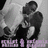 Black-and-white photo of two people embracing, surrounded by purple text elements on a black background.