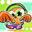Pixelated cartoon character with orange body, green headband, large green eyes, and purple shorts in four sequential poses against light blue-green background.