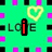 Pixelated green background with pink and black squares, yellow hearts, and text elements including 'love', 'luv', and partial name 'lauren'.