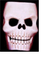 A white skull with black eye sockets and nose cavity, showing teeth in a grin, transitions from closed eyes to red glowing eyes across frames.