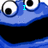 Blue cartoon character with large white eyes and black pupils, wide open mouth showing black interior. Cyan text "I" appears above left eye in top-left