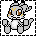 Pixelated cartoon creature with gray body, white chest, brown eyes, and yellow accents on head; black mask covers face in some frames.